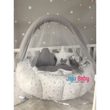 Jaju Baby Gri Yıldız Desenli Tasarım Lüx Oyun Minderi Babynest Cibinlik Tül Oyuncak Aparat Set