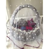 Jaju Baby Gri Yıldız Mor Desenli Tasarım Lüx Oyun Minderi Babynest Cibinlik Tül Oyuncak Aparat Set - 120 x 120 cm
