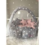 Jaju Baby Gri Yıldız Pudra Tasarım Lüx Oyun Minderi Babynest Cibinlik Tül Oyuncak Aparat Set - 120 x 120 cm