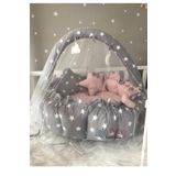 Jaju Baby Gri Yıldız Pudra Tasarım Lüx Oyun Minderi Babynest Cibinlik Tül Oyuncak Aparat Set