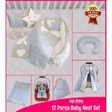 Jaju Baby Jaju Babynest Mavi Yıldızlı 12 Parça Set Lüx Babynest Set - 100 x 60 cm - Gri-Mavi