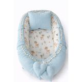 Jaju Baby Mavi Waffle Kumaş Geyik Tasarım Ponponlu Jaju Babynest Anne Yanı Bebek Yatağı