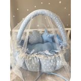 Jaju Baby Mavi Yıldız Desenli Tasarım Lüx Oyun Minderi Babynest Cibinlik Tül Oyuncak Aparat Set