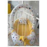Jaju Baby Nest Karışık Yıldızlı Sarı, Cibinlik ve Oyuncak Askılı Lüx Tasarım Anne Yanı Bebek Yatağı