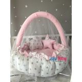 Jaju Baby Pembe - Beyaz Yıldız Tasarım Lüx Oyun Minderi Babynest Cibinlik Tül Oyuncak Aparat Set - 120 x 120 cm - Beyaz - Pembe