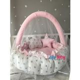 Jaju Baby Pembe - Beyaz Yıldız Tasarım Lüx Oyun Minderi Babynest Cibinlik Tül Oyuncak Aparat Set