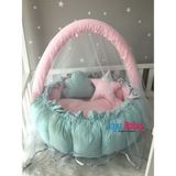 Jaju Baby Pembe - Mint Tasarım Lüx Oyun Minderi Babynest Cibinlik Tül Oyuncak Aparat Set - 120 x 120 cm - Pembe - Yeşil