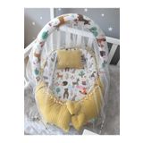 Jaju Baby Sarı Örgü Pike Kumaş ve Orman Müslin Kumaş Ponponlu Babynest Oyuncak Aparat ve Tül Set