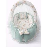 Jaju Baby Waffle Yeşil Pike Kumaş ve Poplin Kumaş Ponponlu Babynest Oyuncak Aparat ve Tül Set