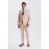 Jakamen Bej Slim Fit Mono Yaka Tensel Kumaş Çift Yırtmaç Torba Cepli Takım Elbise - 54