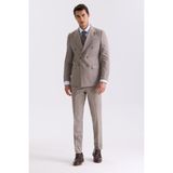 Jakamen Bej Slim Fit Sivri Yaka Çizgili Kruvaze Takım Elbise - Vizon - 48