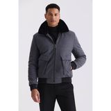 Jakamen Gri Regular Fit Yaka Kürklü Kışlık Şişme Mont - 48