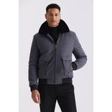 Jakamen Gri Regular Fit Yaka Kürklü Kışlık Şişme Mont - 58