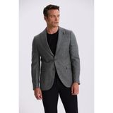 Jakamen Gri Slim Fit Kırlangıç Yaka Çizgili Keten Pamuk Mevsimlik Ceket - 50
