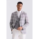 Jakamen Gri Slim Fit Mono Yaka Kareli Kombinli Yelekli Takım Elbise - 48