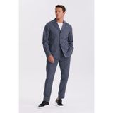Jakamen Lacivert Slim Fit Apaş Yaka Keten Karışımlı Çift Yırtmaçlı Çizgili Takım Elbise - 48