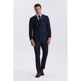Jakamen Lacivert Slim Fit Kırlangıç Yaka Çift Yırtmaç Yünlü Kruvaze Takım Elbise - 56