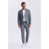 Jakamen Lacivert Slim Fit Mono Yaka Kareli Torba Cepli %100 Keten Takım Elbise - 50 - 6 Drop