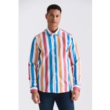 Jakamen Saks Slim Fit Çizgili %100 Pamuk Gömlek