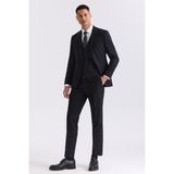 Jakamen Siyah Slim Fit Sivri Yaka Yelekli Yünlü Takım Elbise - 56