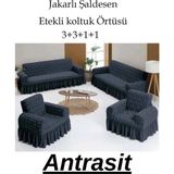 Jakarlı Şal Desen Koltuk, Kanepe, Çekyat Örtüsü, Likralı, Etekli, Koltuk Kılıfı 3+3+1+1 Takım Gri - 180 x 230 cm - Antrasit