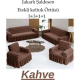 Jakarlı Şal Desen Koltuk, Kanepe, Çekyat Örtüsü, Likralı, Etekli, Koltuk Kılıfı 3+3+1+1 Takım Gri - 180 x 230 cm - Kahve