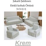 Jakarlı Şal Desen Koltuk, Kanepe, Çekyat Örtüsü, Likralı, Etekli, Koltuk Kılıfı 3+3+1+1 Takım Gri - 180 x 230 cm - Krem