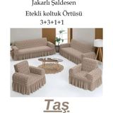 Jakarlı Şal Desen Koltuk, Kanepe, Çekyat Örtüsü, Likralı, Etekli, Koltuk Kılıfı 3+3+1+1 Takım Gri - 180 x 230 cm - Taş