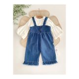 Jammybaby Püsküllü Palazzo Kız Bebek Jean Kot Salopet Tulum %100 Pamuk Likralı Ribana Balon Bluz Lüks Takım