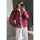 Jamolls Astarlı Oversize Kesim Muadil Trend Pinterest Model Süet Nubuk Kumaş Tasarım Kol Kemer Detay Bomber Mont Ceket - Bordo