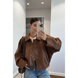 Jamolls Astarlı Oversize Kesim Muadil Trend Pinterest Model Süet Nubuk Kumaş Tasarım Kol Kemer Detay Bomber Mont Ceket - Taba