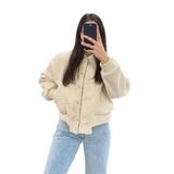 JaMolls Kadın Bej Kaşe Yün Görünümlü Crop Bomber Ceket, Bol Kesim, Çıtçıt Kapama, Cep Detaylı, Yetişkin Geniş Beden
