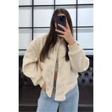Jamolls Tasarım Bomber Buklet Kumaş Trend Oversize Kesim Astarlı Kalın Çıtçıt Kapama Trend Mont Kaban Ceket - Bej