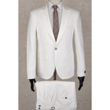 Jan Carlucci Beyaz Slim Fit Çift Pileli- Tokalı Italyan Pantolon, Çift Cep Ceket Modelli Drop 6 Takım Elbise - 52