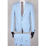Jan Carlucci Buz Mavisi Slim Fit Çift Pileli- Tokalı Italyan Pantolon, Çift Cep Ceket Modelli Drop 6 Takım Elbise - Açık Mavi - 56