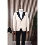 Jan Carlucci Damatlık Smokin - Full Set Slimfit Saten Geniş Sivri Yaka, Tek Düğme, Çift Yırtmaç ,krem Rengi Drop 6 Yelek, Gömlek, Papyon Dahil - 52