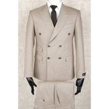 Jan Carlucci Slim Fit Geniş Sivri Yaka-Çift Yırtmaç Açık Kahve ( Bej) Çift Cep Kruvaze Drop 6 Takım Elbise - Açık Kahverengi - 54