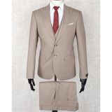 Jan Carlucci Slim Fit Sivri Yaka-Çift Yırtmaç Bej Rengi Drop 6 Yelekli Takım Elbise - 56 - 6 Drop