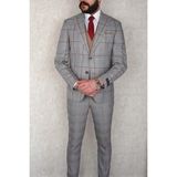 Jan Carlucci Slim Fit Sivri Yaka-Çift Yırtmaç Gri Kareli Kombinli Drop 6 Yelekli Takım Elbise - 58