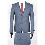 Jan Carlucci Slim Fit Sivri Yaka-Çift Yırtmaç Gri Kareli Yelekli Drop 6 Takım Elbise - 48