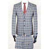 Jan Carlucci Slim Fit Sivri Yaka-Çift Yırtmaç Gri Kareli Yelekli Drop 6 Takım Elbise - 56