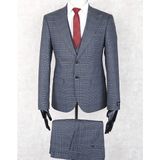 Jan Carlucci Slim Fit Sivri Yaka-Çift Yırtmaç Lacivert Kareli Drop 6 Yelekli Takım Elbise - Gri - 48