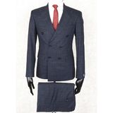 Jan Carlucci Slim Fit Sivri Yaka-Çift Yırtmaç Lacivert Kareli Kruvaze Drop 6 Takım Elbise - 58