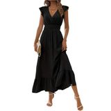 Janes Collection Kadın Kısa Kollu Kruvaze Yakalı Beli Lastikli Müslim Elbise (SİYAH, 2XL - 3XL)