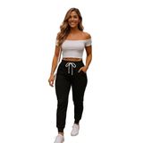 Janes Collection Kadın Kısa Kollu Madonna Yaka Viskon Crop Bluz Cepli Iki Iplik Eşofman Takım (2, Siyah - Beyaz, L - XL)