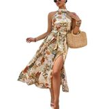 Janes Collection Kadın Omuzlardan Açık Halter Yakalı Yırtmaçlı çiçek Desenli Süprem Elbise (Sarı, 2XL - 3XL)