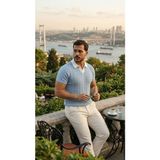 Janes Erkek Desenli Kısa Kollu Triko Tişört - %100 Pamuk Akrilik - Bebe Mavisi - XL