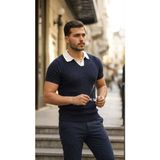 Janes Erkek Desenli Kısa Kollu Triko Tişört - %100 Pamuk Akrilik - Lacivert - XL