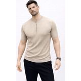Janes Erkek Kısa Kol Fitilli Triko T-Shirt Yazlık Hakim Yaka Tişört - Bej - 2XL