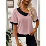 Janes Kadın Kısa Kollu Asımetrik Yaka Detaylı Düğmeli Dubai Bluz - Pembe - L - XL